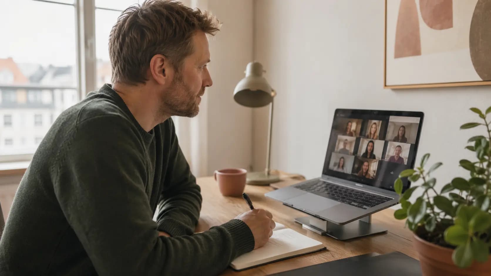 En deltager følger et live online-certificeringskursus og tager noter