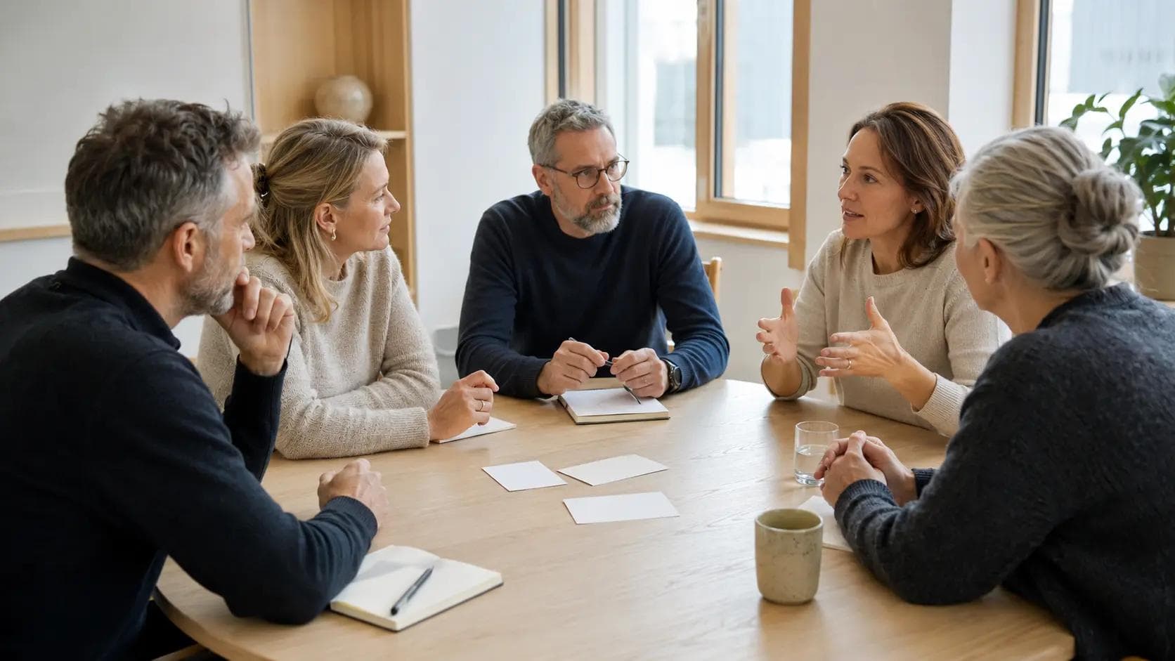 Et team gennemfører en struktureret teamudviklingssamtale i et lyst mødelokale